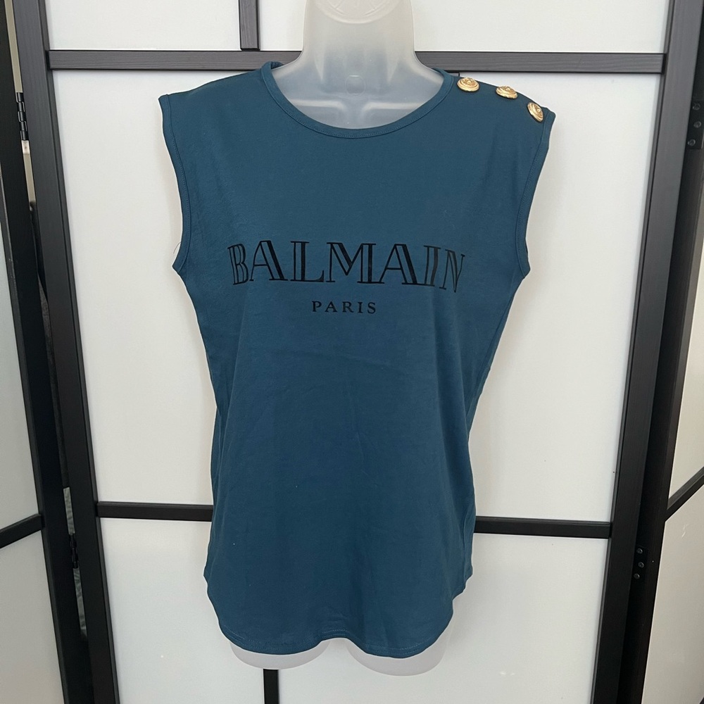 Balmain Sz 36 Women's Teal Velvet Logo Gold Button Sleeveless Tee Top Blouse